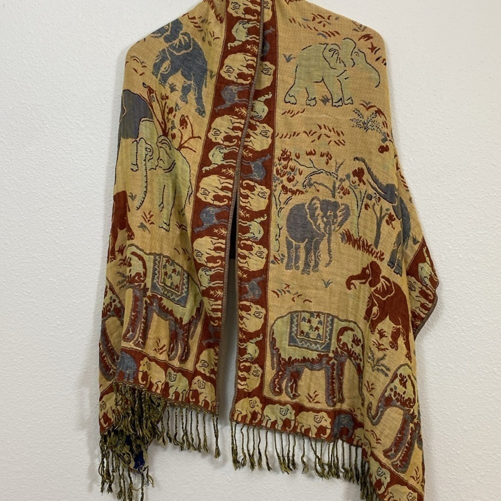 Cashmere Scarf Wrap Brown and Blue w/ Elephant and Camel novelty print 64” x 24” - Picture 6 of 6